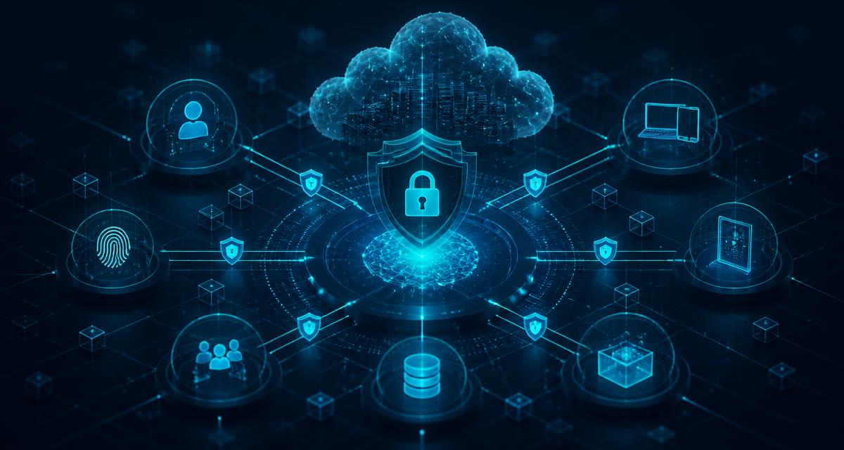 Abstract Microsoft cloud security diagram with identity, device, access and data nodes connected around a central shield and AI core